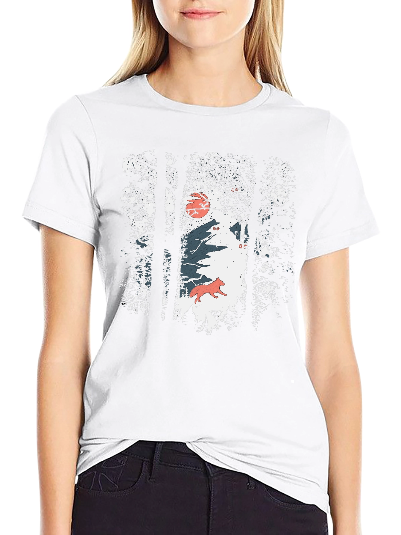 Nature Wolf Graphic Print Black T-Shirt