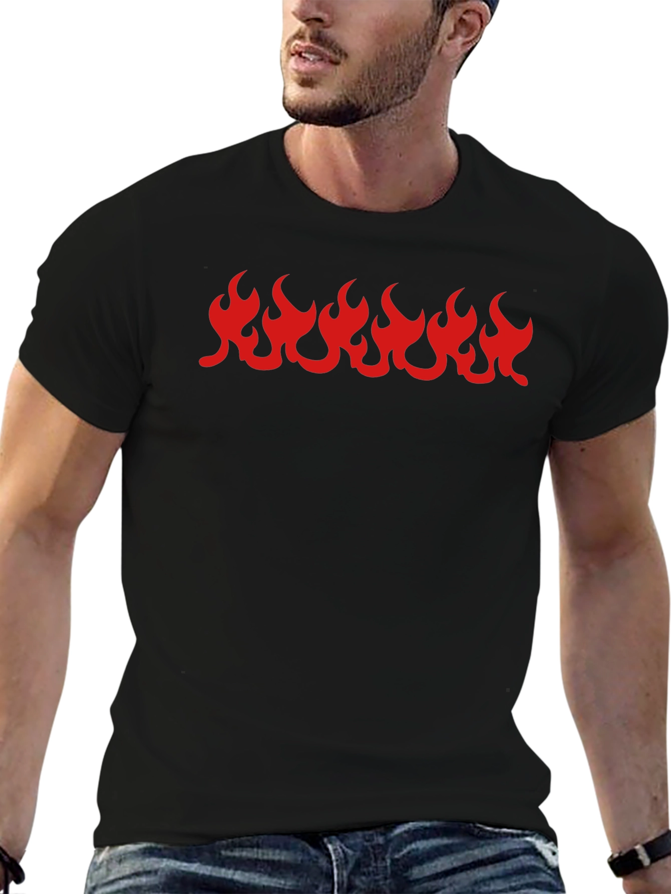 Black T-Shirt with Red Flame Graphic