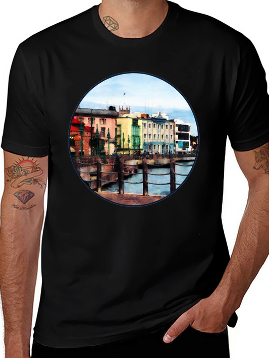 Scenic Waterfront Town Black T-Shirt