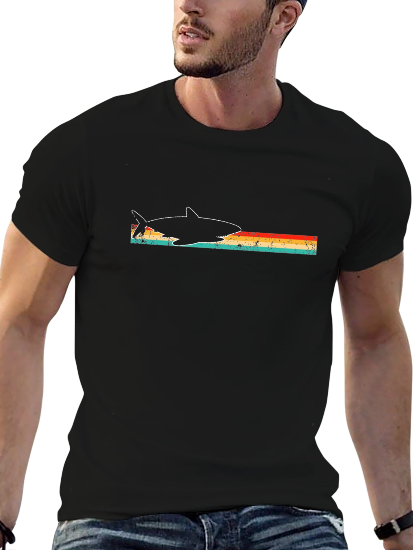 Retro Shark Graphic Tee - Black Cotton T-Shirt
