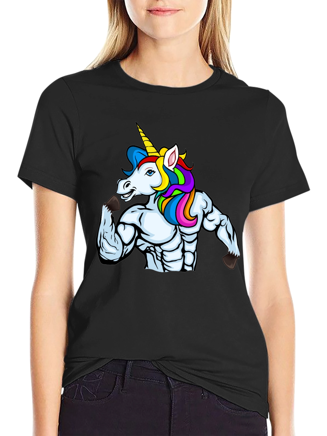Muscular Unicorn Graphic Black T-Shirt