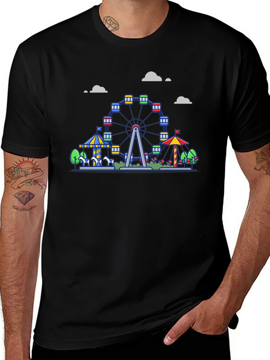 Carnival Ferris Wheel Graphic Tee - Black Cotton Shirt