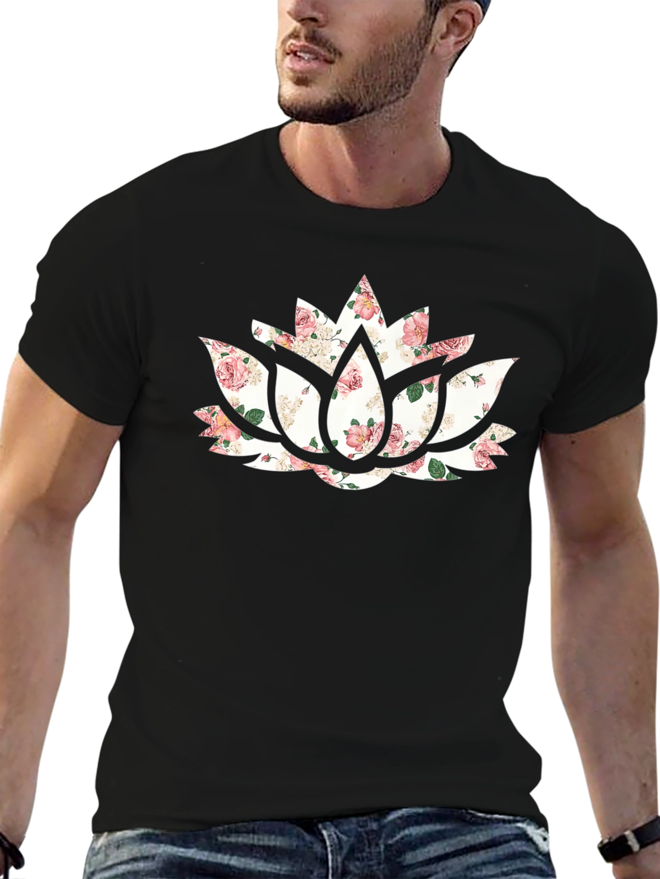 Floral Lotus Flower Graphic Black T-Shirt