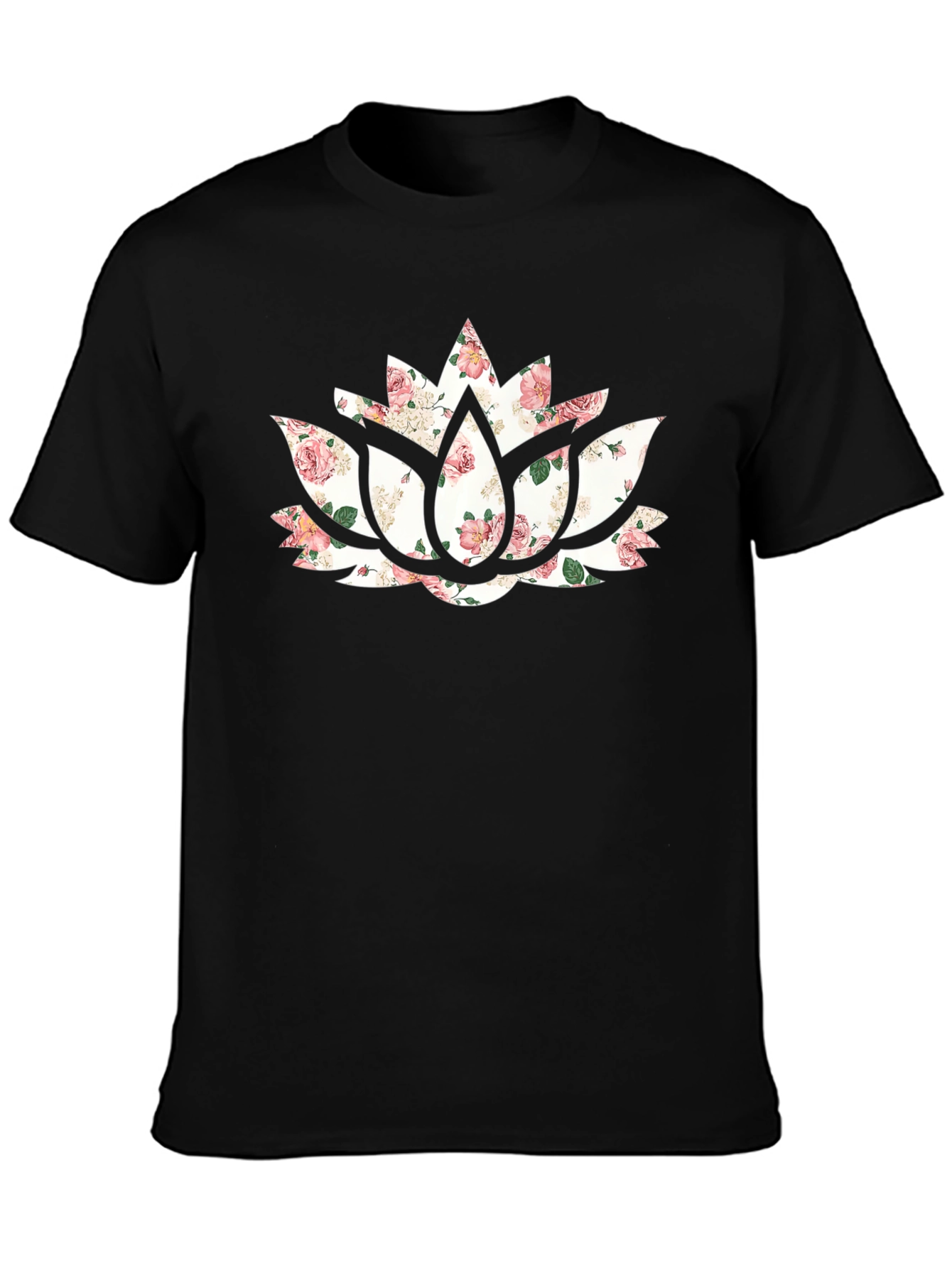 Floral Lotus Flower Graphic Black T-Shirt