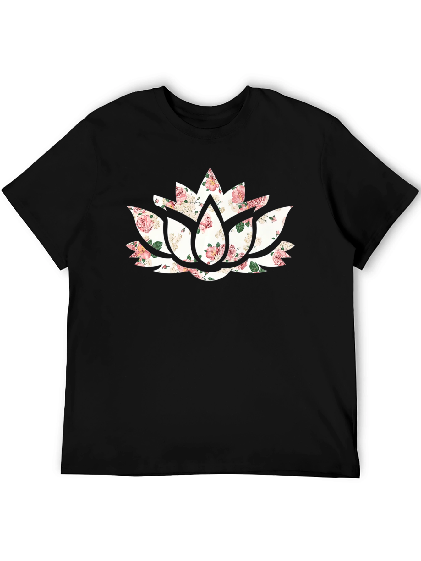 Floral Lotus Flower Graphic Black T-Shirt