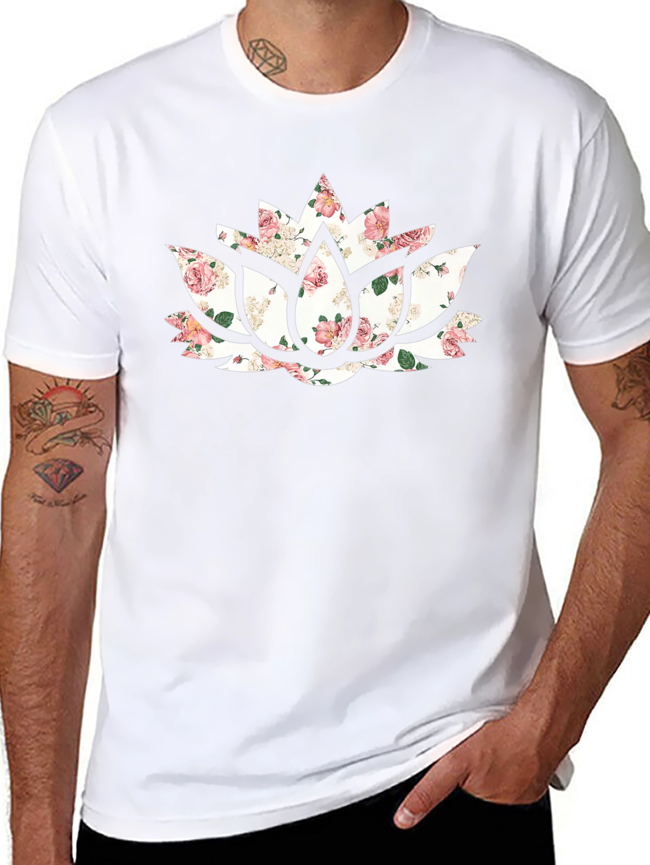 Floral Lotus Flower Graphic Black T-Shirt