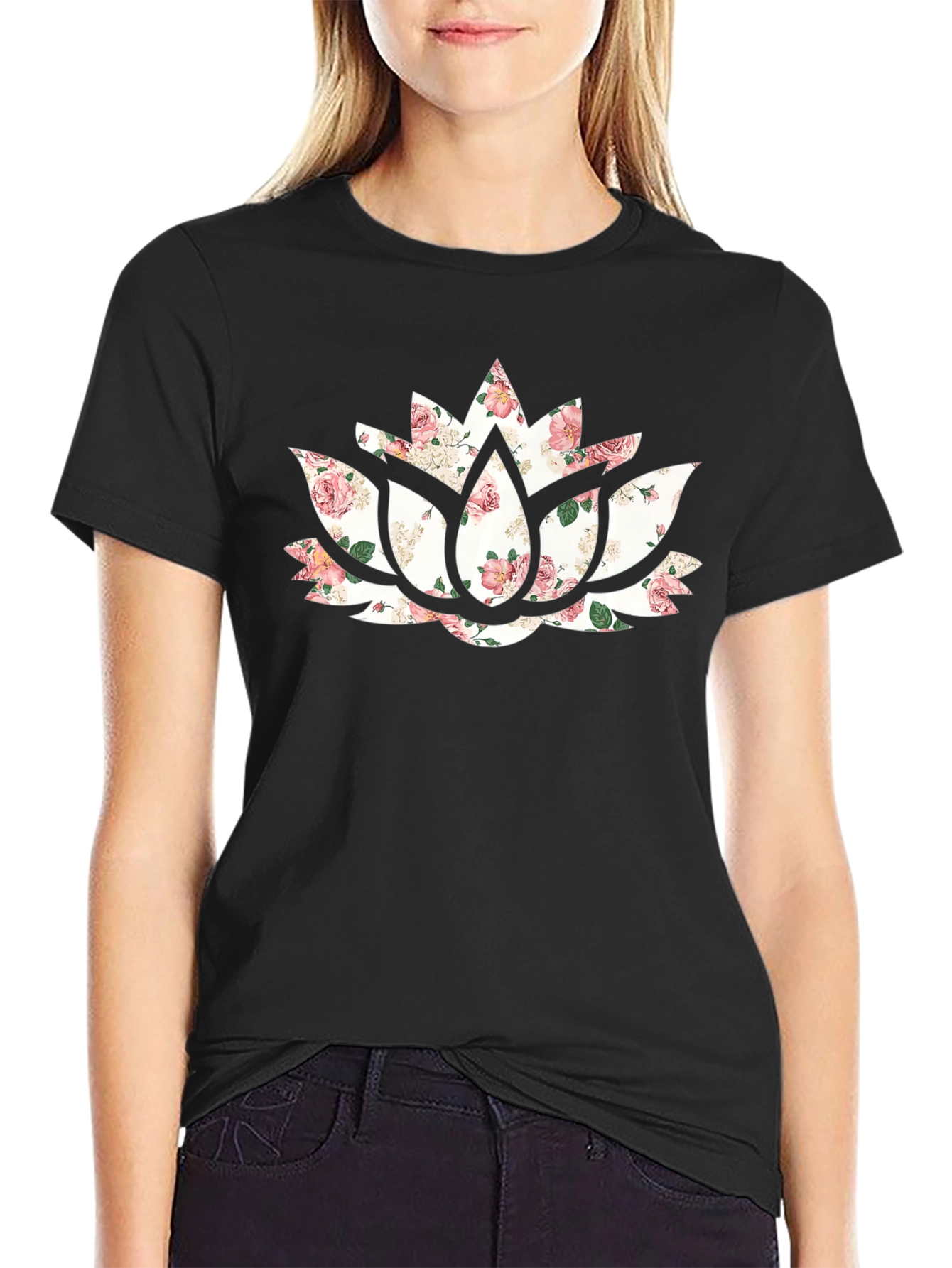 Floral Lotus Flower Graphic Black T-Shirt