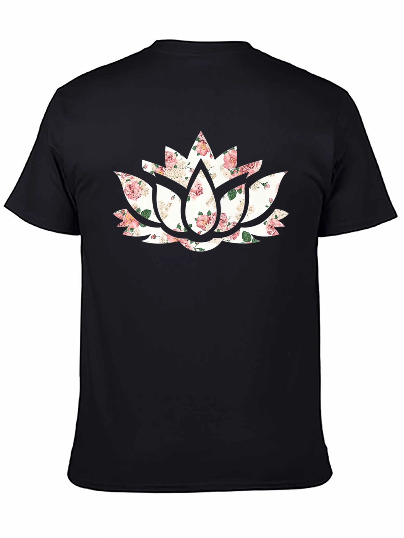 Floral Lotus Flower Graphic Black T-Shirt