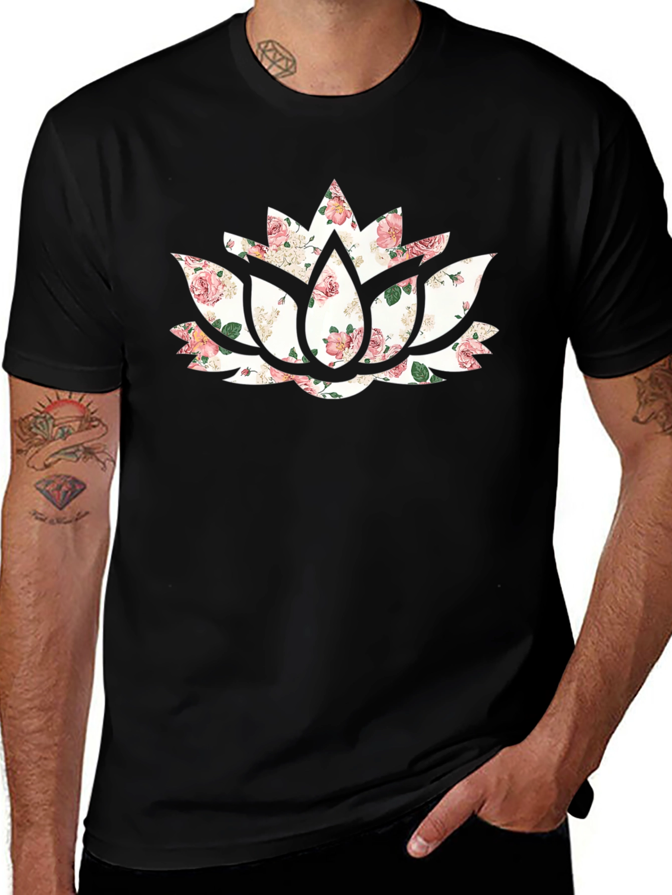 Floral Lotus Flower Graphic Black T-Shirt