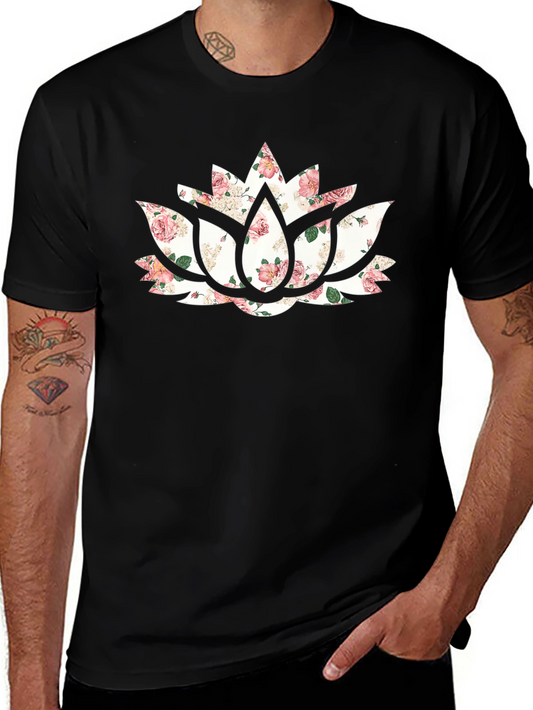 Floral Lotus Flower Graphic Black T-Shirt