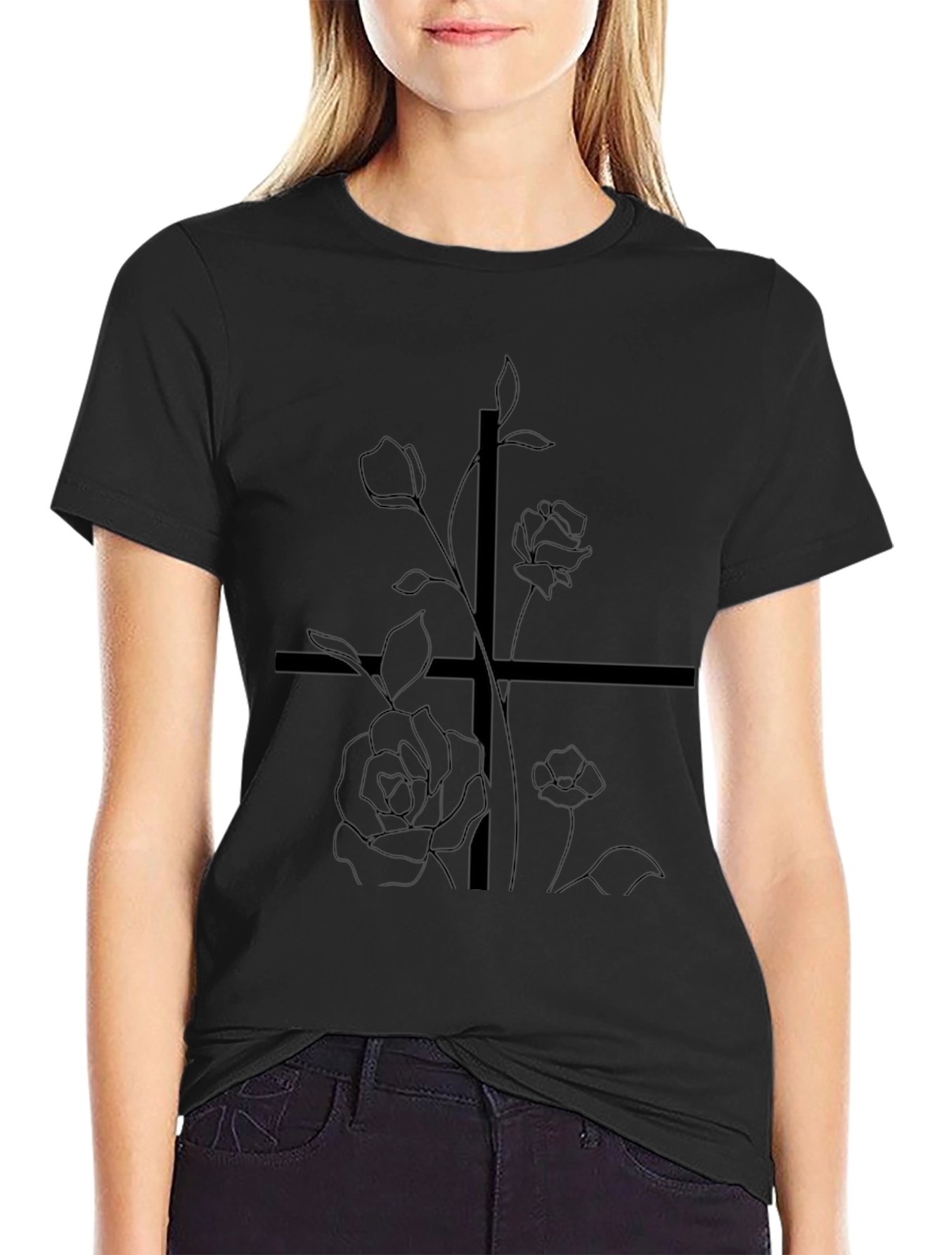 Black Floral Cross Graphic T-Shirt