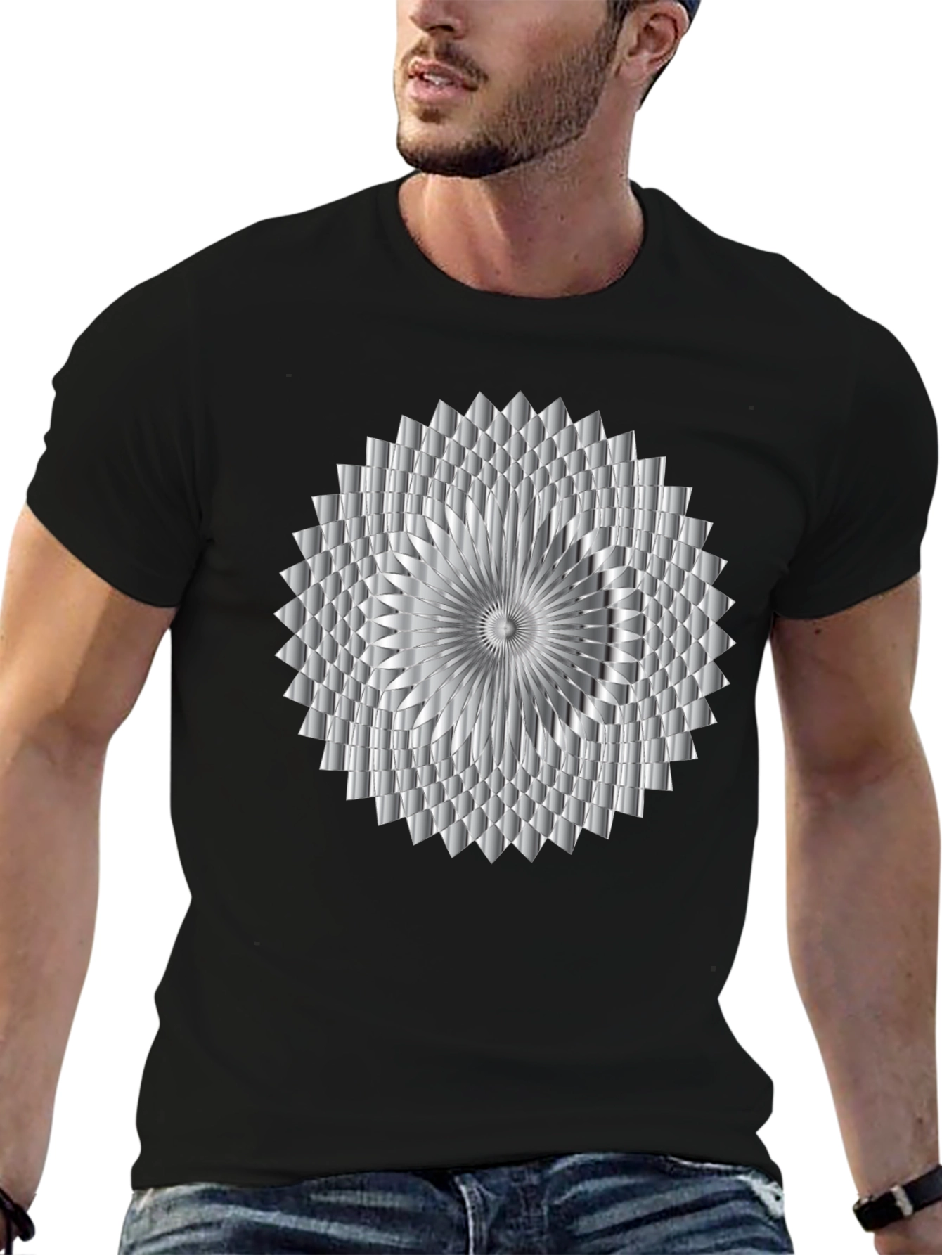 Abstract Geometric Silver Design Black T-Shirt