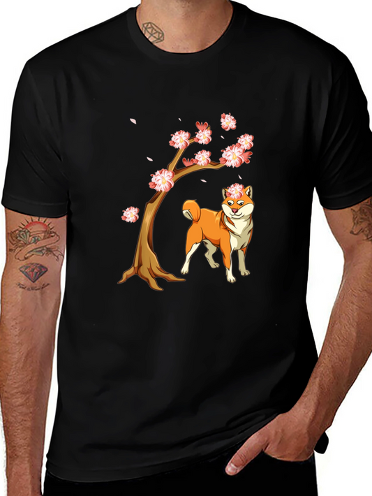 Shiba Inu Cherry Blossom Tree Graphic Tee