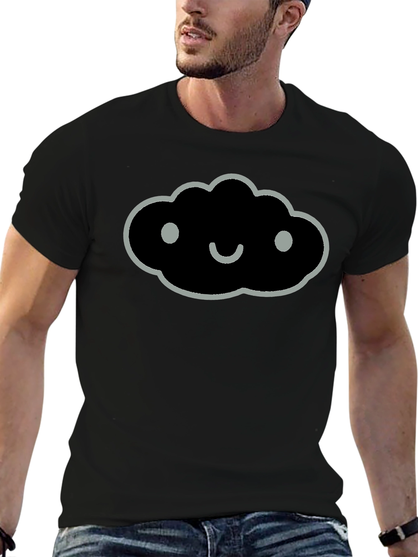 Smiling Cloud Graphic Tee - Soft Black Cotton Blend