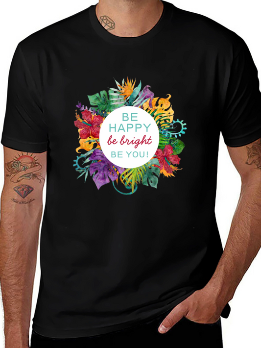 Be Happy Floral Graphic Black T-Shirt