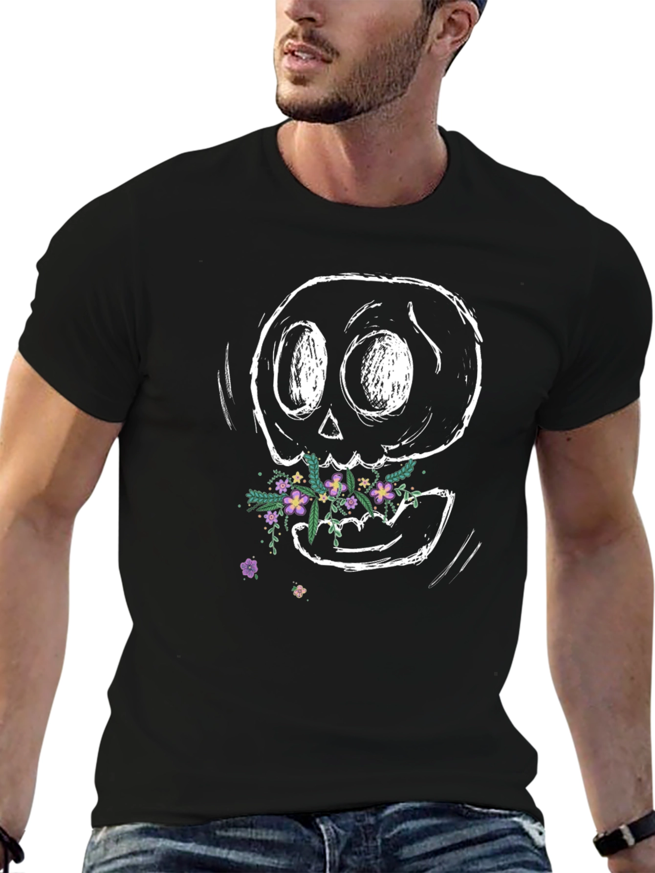 Floral Skull Graphic Tee - Black Cotton T-Shirt