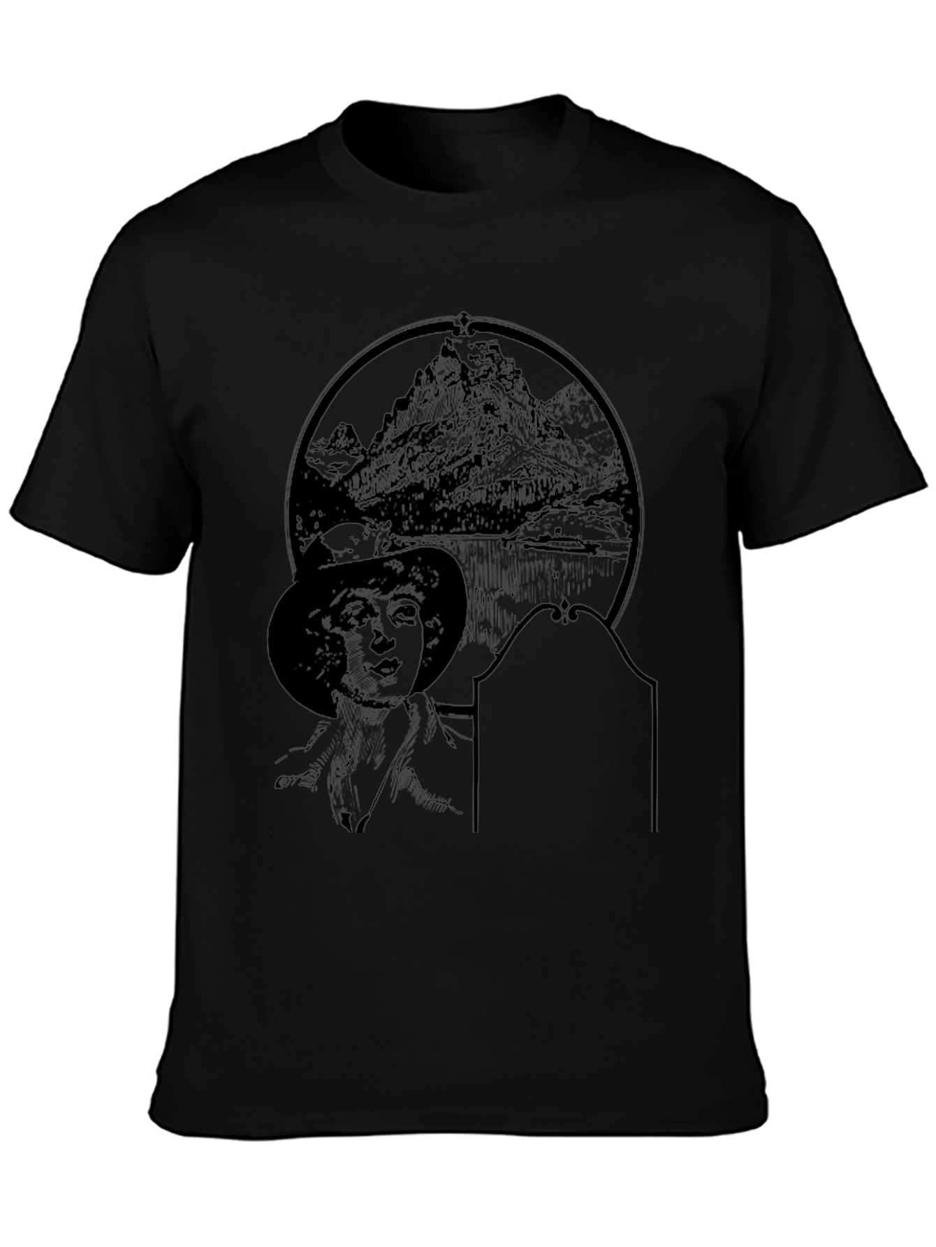 Black Graphic T-Shirt with Mountain & Woman Print