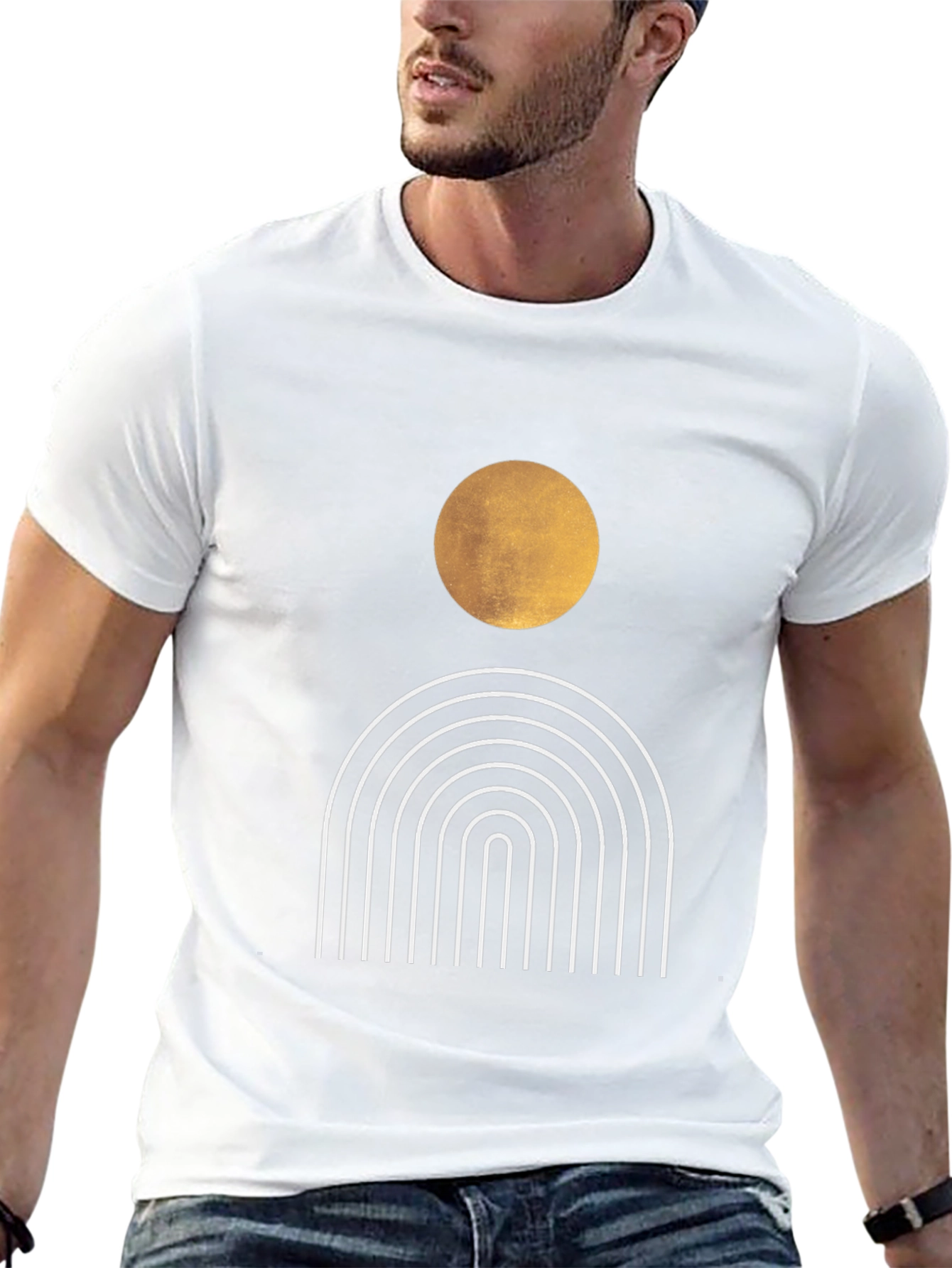 Modern Graphic Tee - Abstract Sun & Rainbow Design