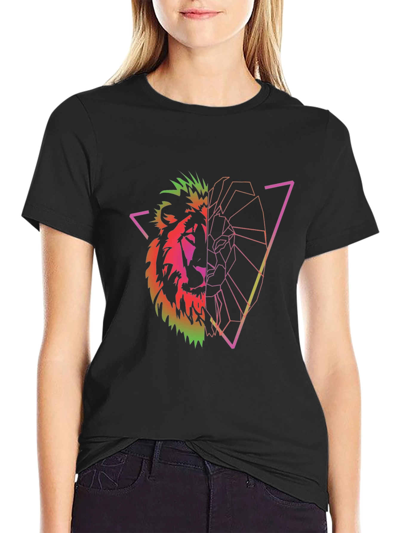 Geometric Lion Graphic Tee - Black