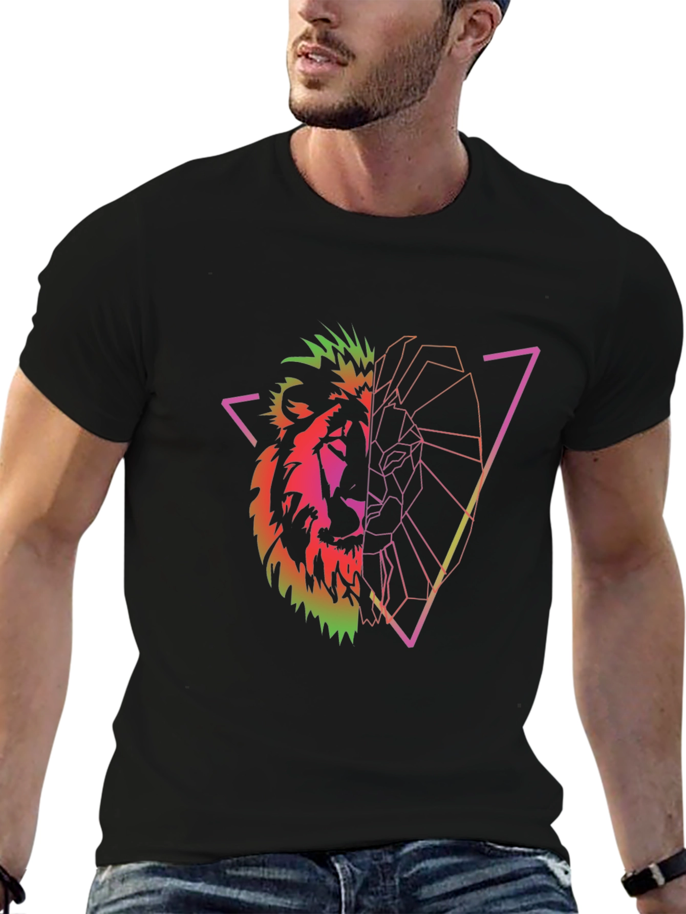 Geometric Lion Graphic Tee - Black