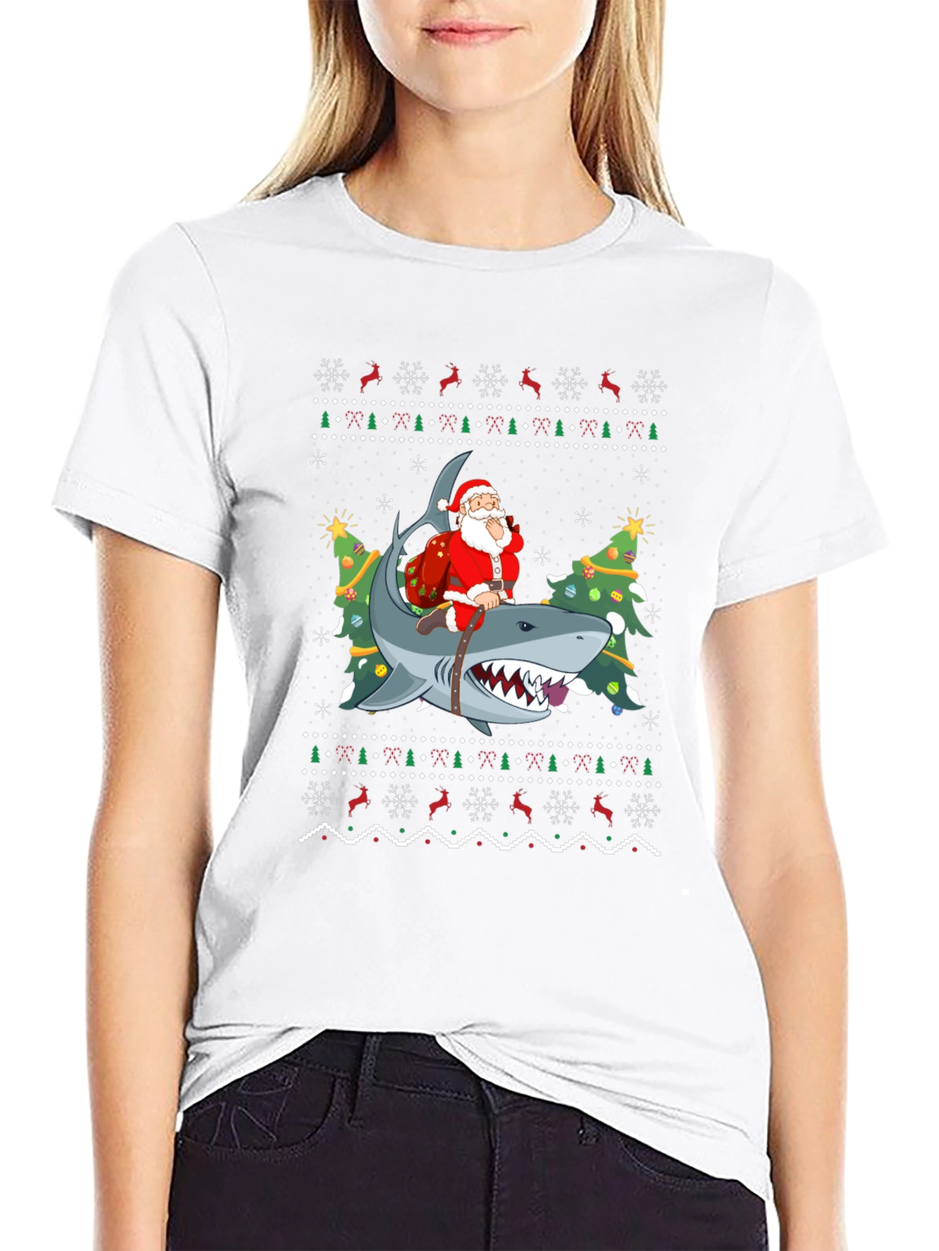 Santa Riding Shark Ugly Christmas Sweater T-Shirt