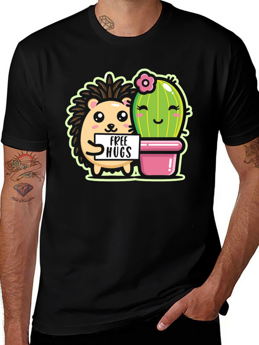 Cute Hedgehog & Cactus Free Hugs Black T-Shirt