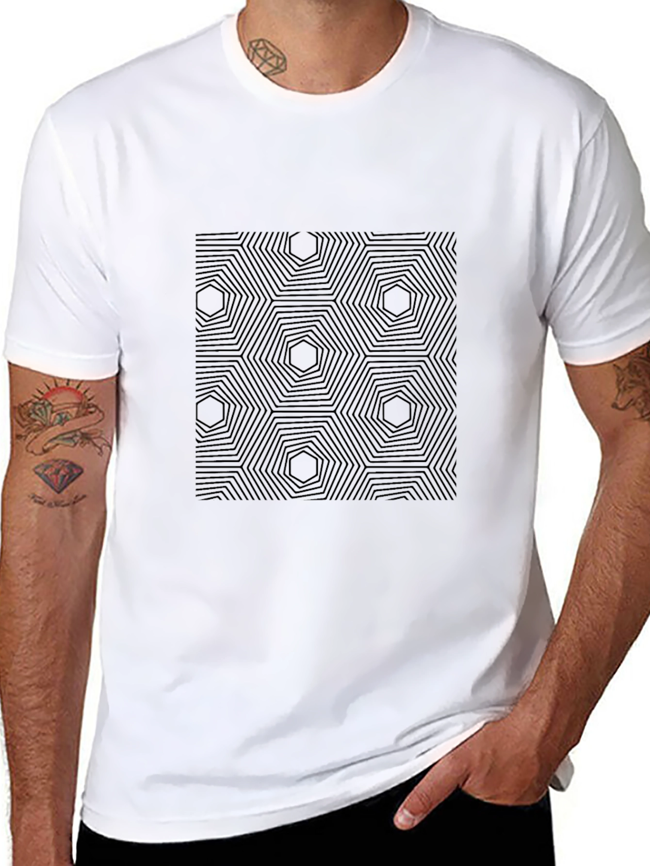 Modern Geometric Hexagon Pattern Black T-Shirt