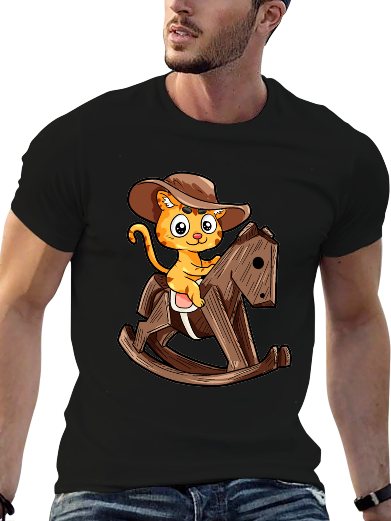 Cartoon Cat Cowboy on Rocking Horse T-Shirt