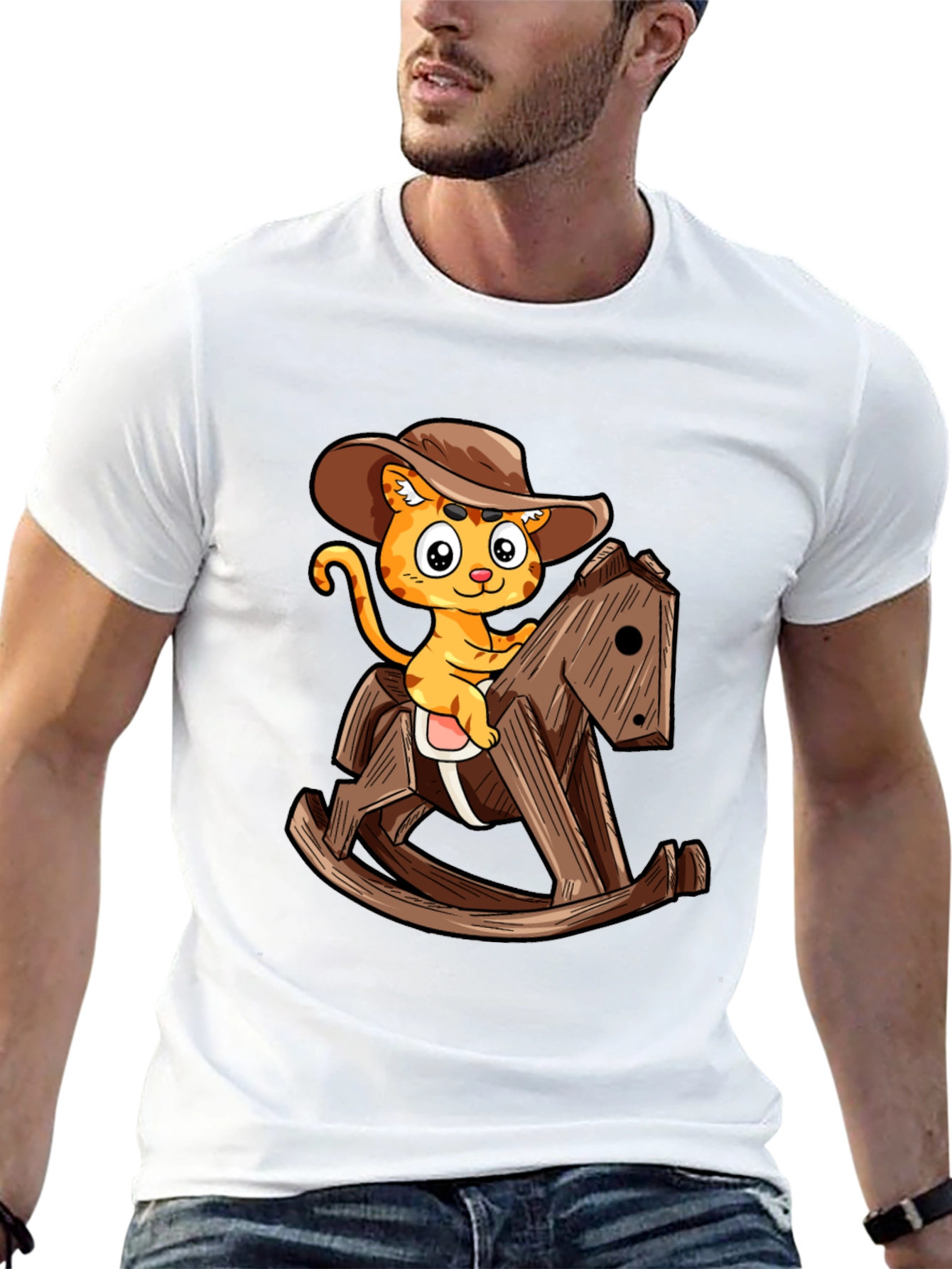Cartoon Cat Cowboy on Rocking Horse T-Shirt