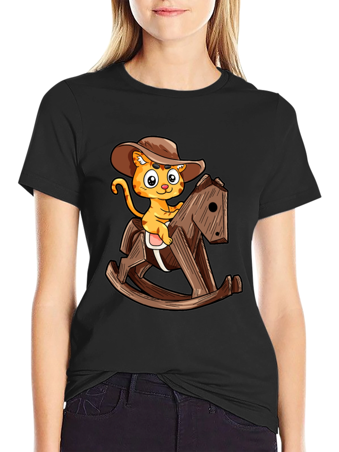 Cartoon Cat Cowboy on Rocking Horse T-Shirt