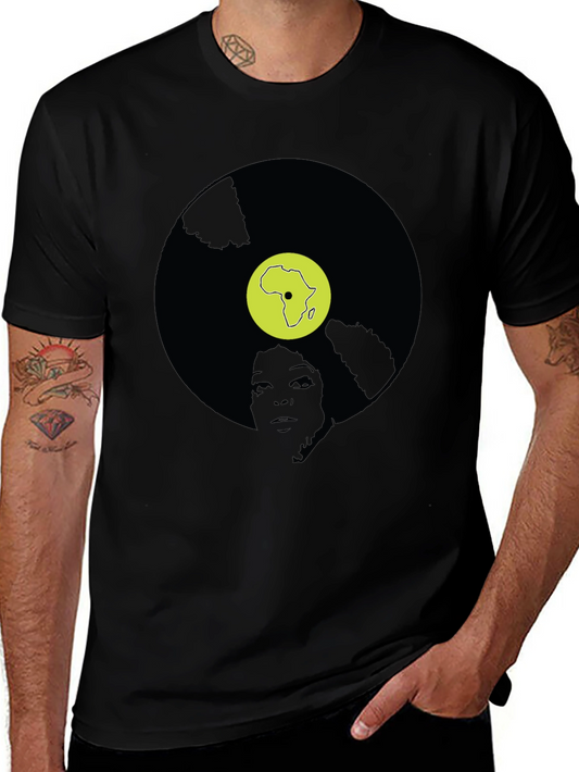 Retro Vinyl Record T-Shirt with Africa Graphic - Black