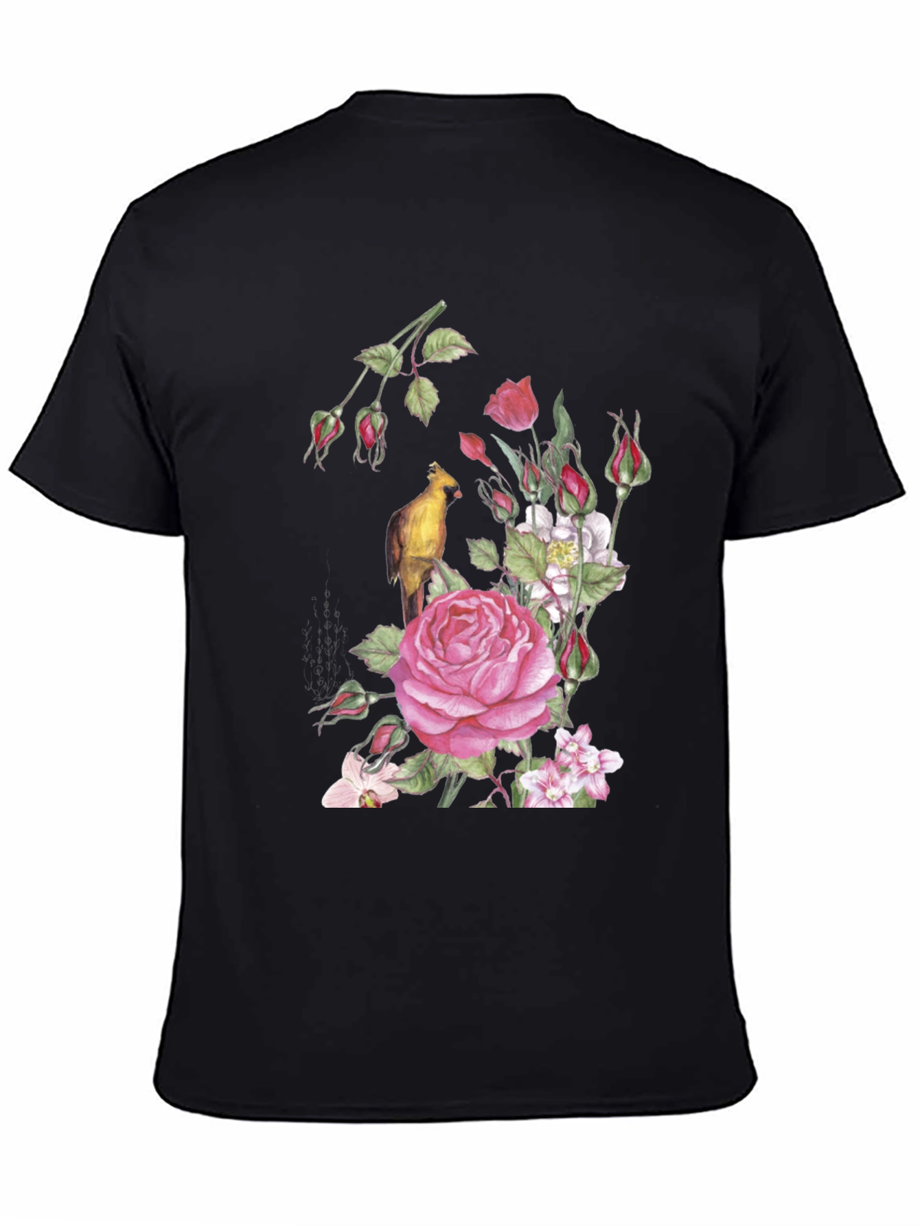 Floral Bird Print Black T-Shirt