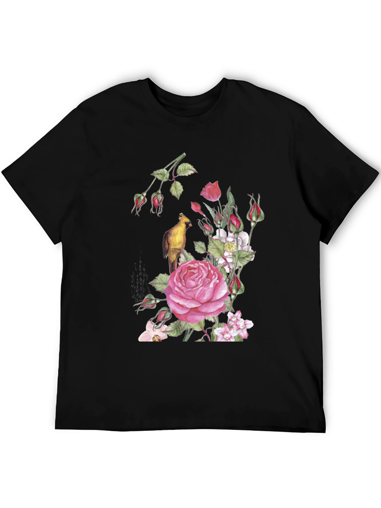 Floral Bird Print Black T-Shirt
