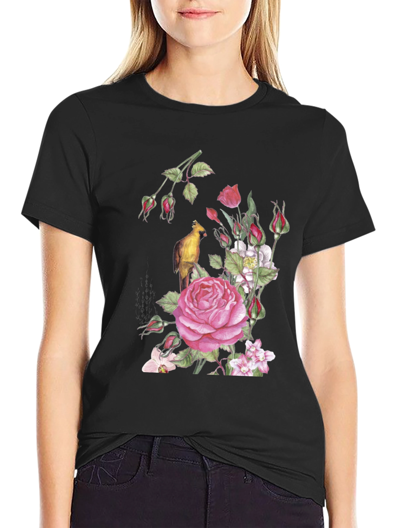Floral Bird Print Black T-Shirt