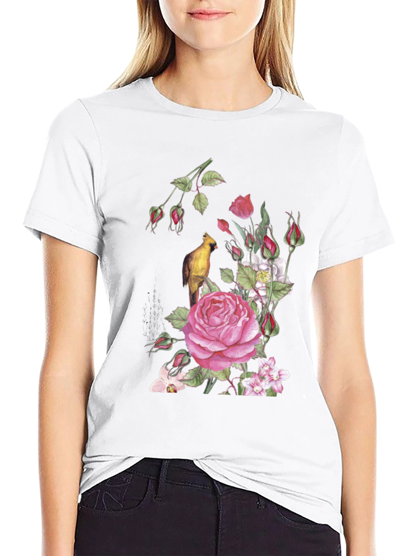 Floral Bird Print Black T-Shirt