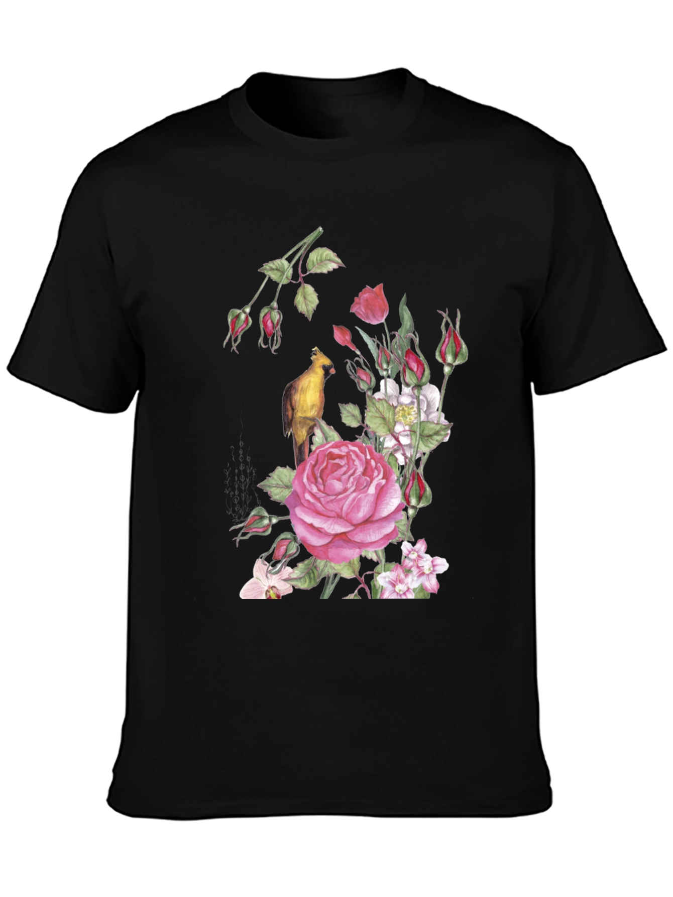 Floral Bird Print Black T-Shirt