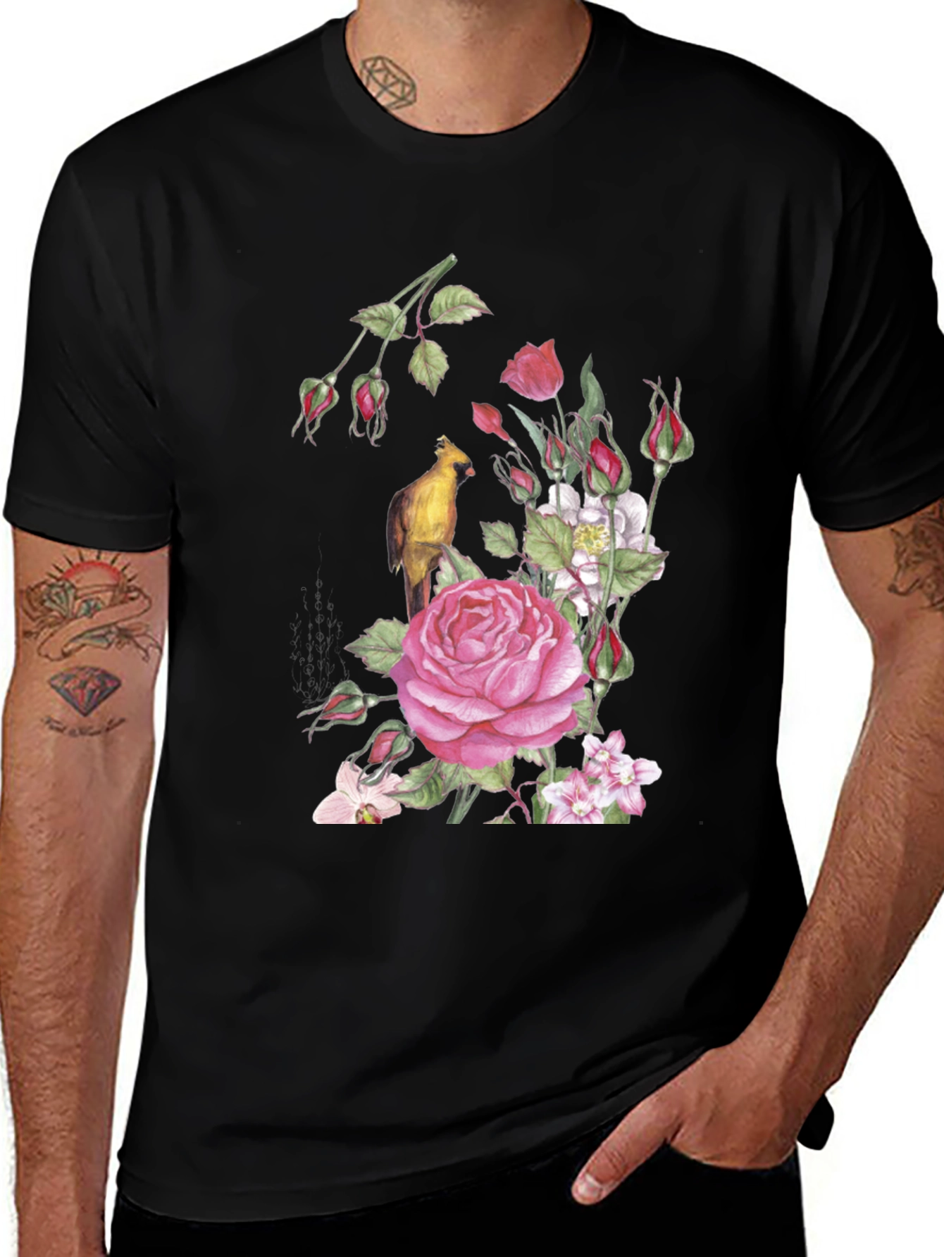 Floral Bird Print Black T-Shirt