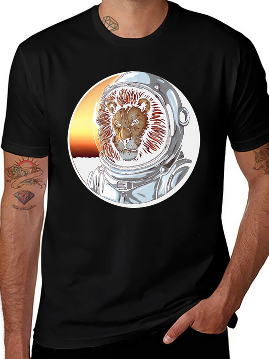 Lion Astronaut Graphic Print Black T-Shirt