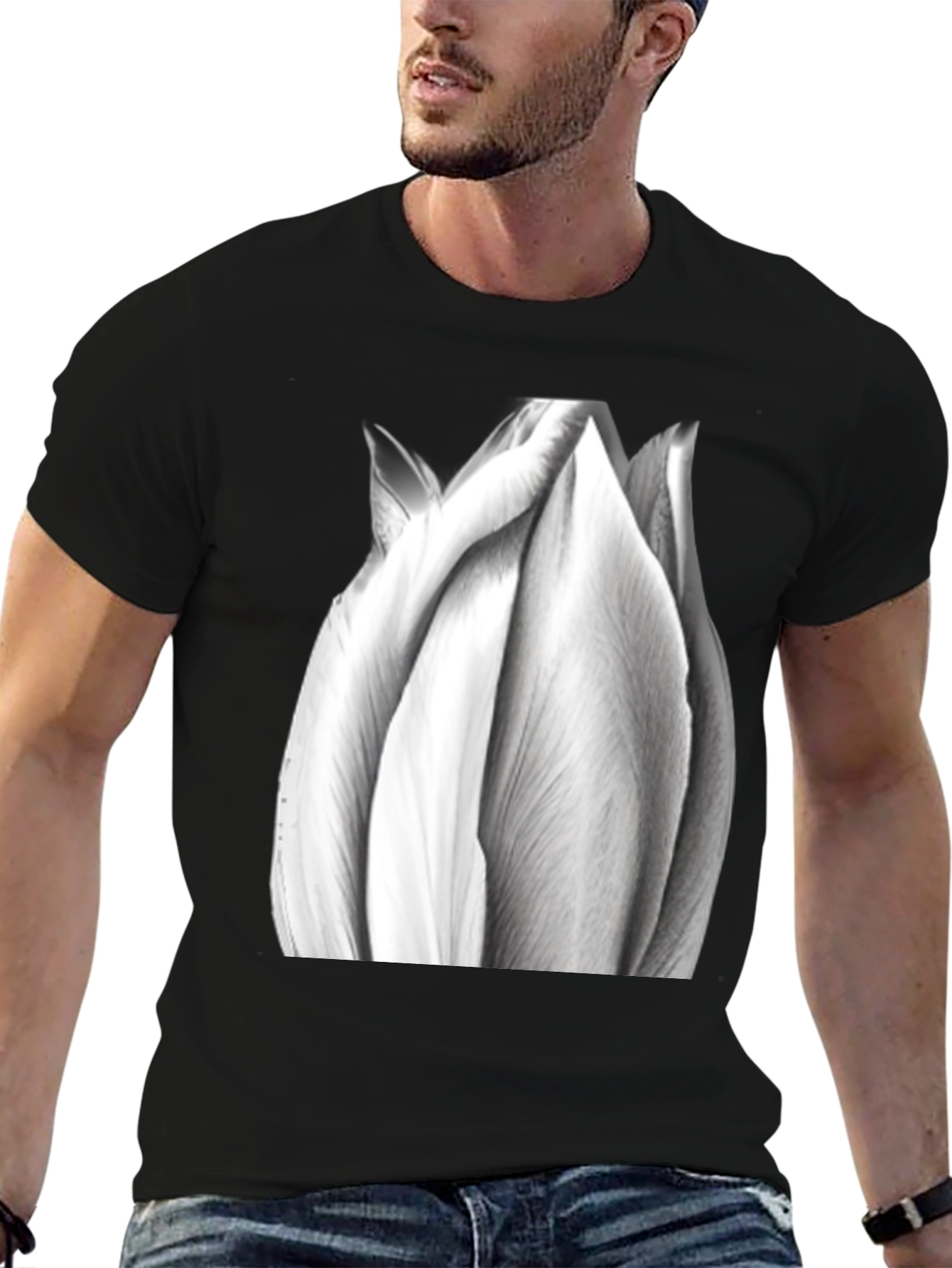 Monochrome Tulip Tee - Artistic Flower Graphic