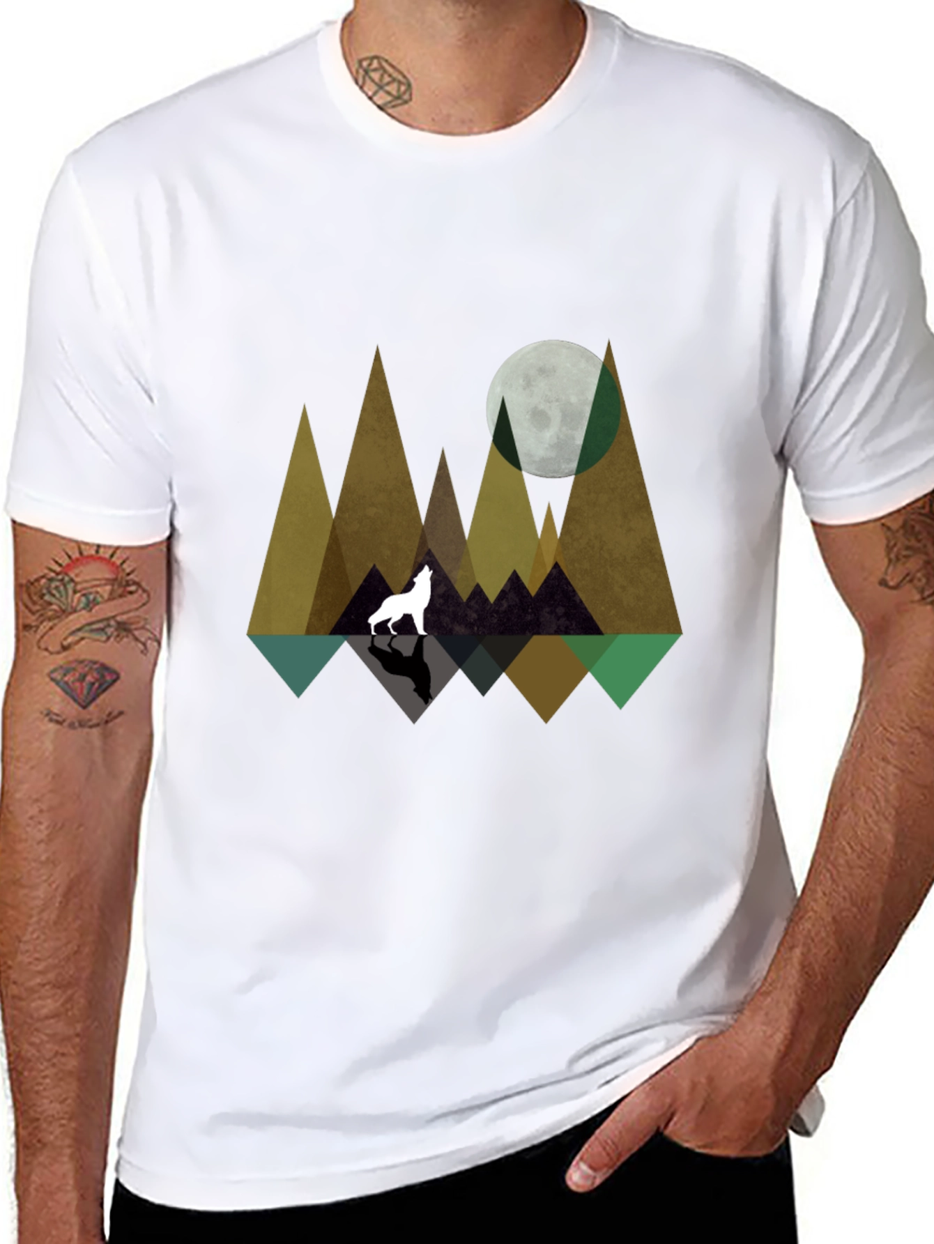 Geometric Wolf & Moon Graphic Tee - Black