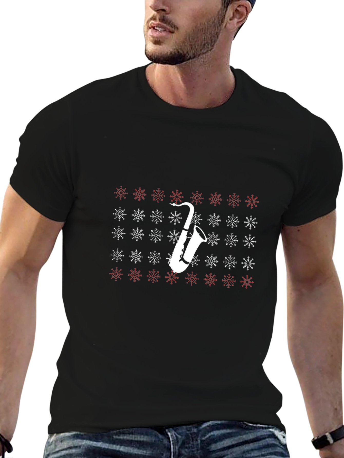 Saxophone Snowflake Pattern Black T-Shirt