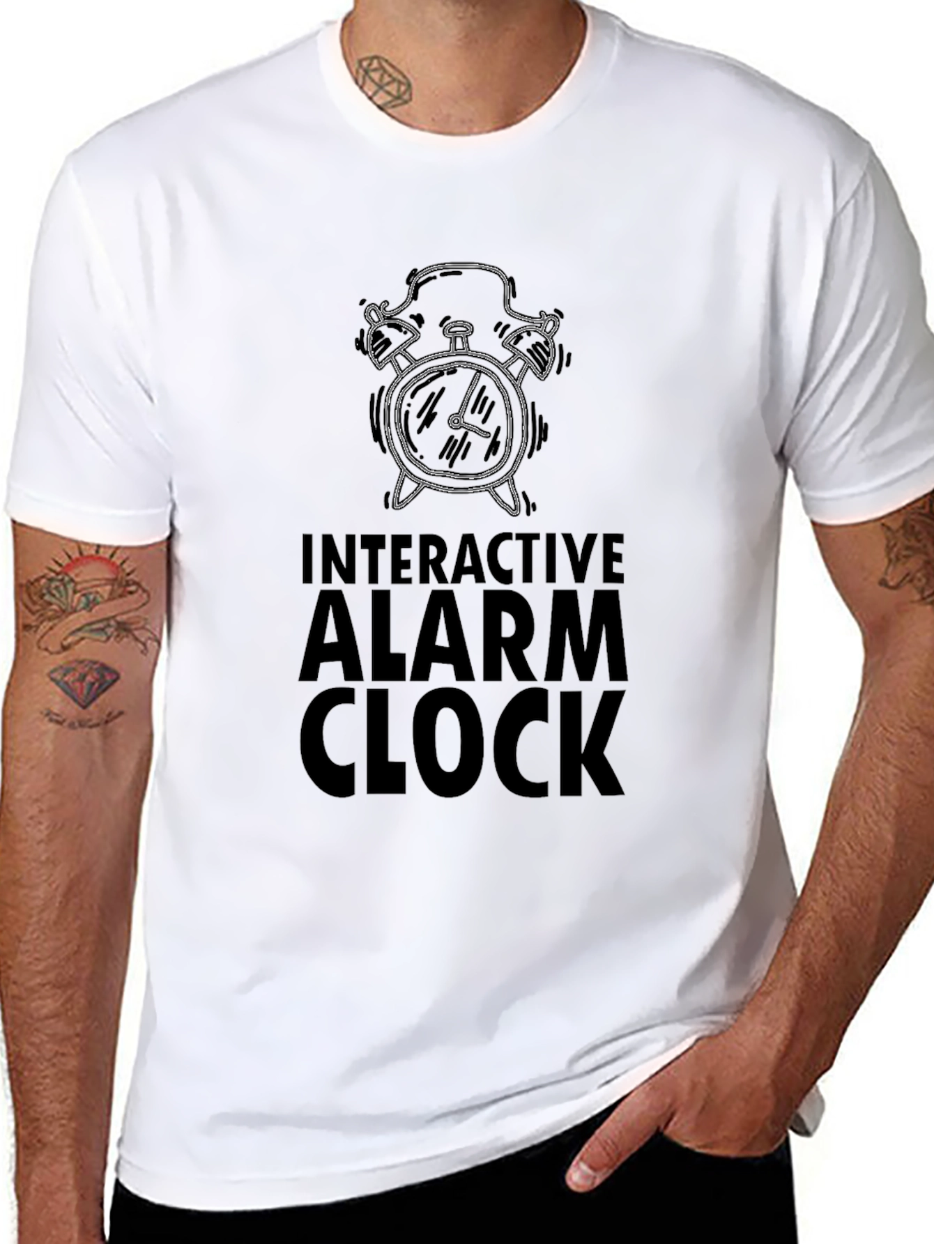 Interactive Alarm Clock Graphic Tee - Black Cotton T-Shirt