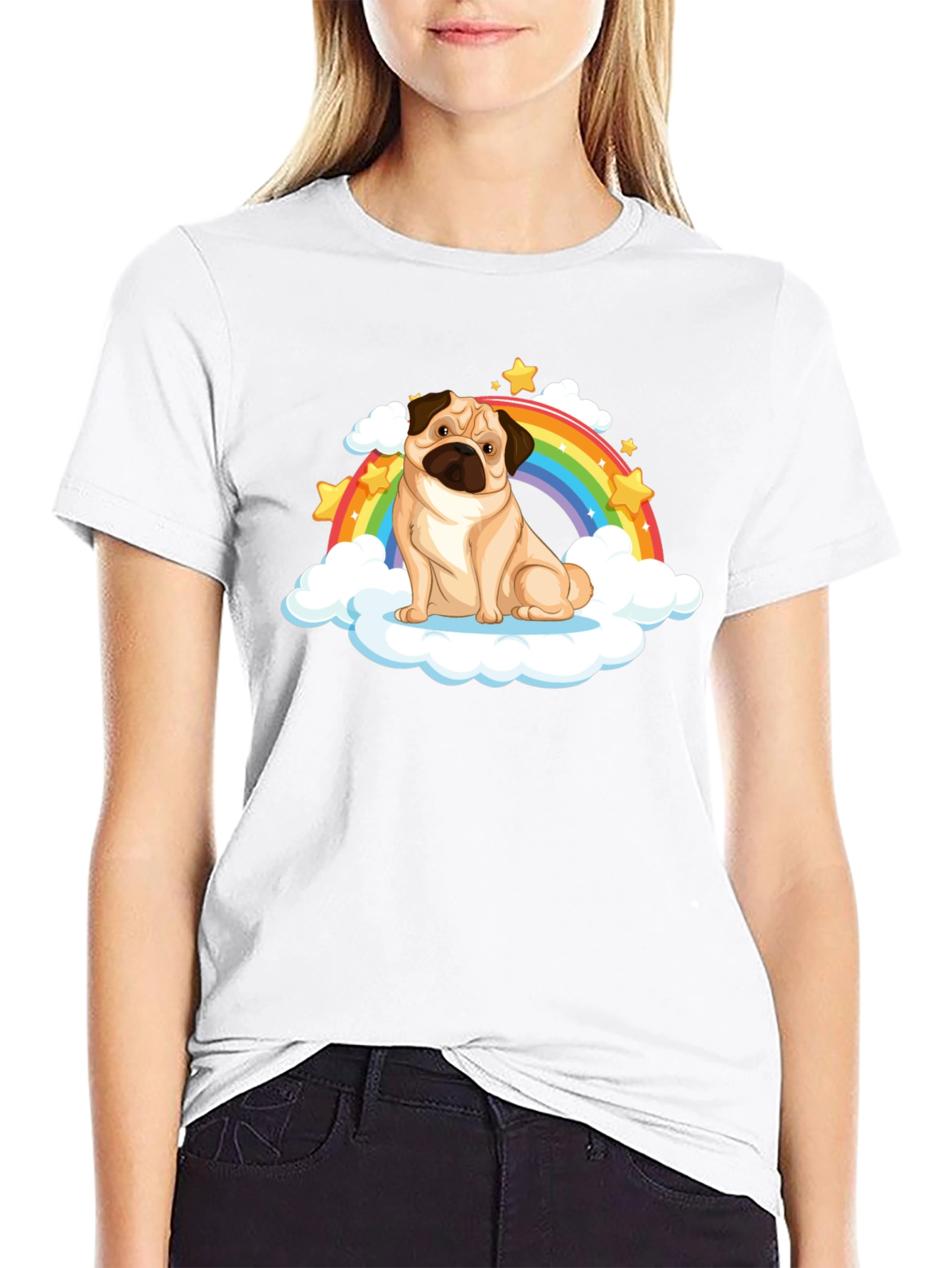 Pug Rainbow Cloud Black T-Shirt