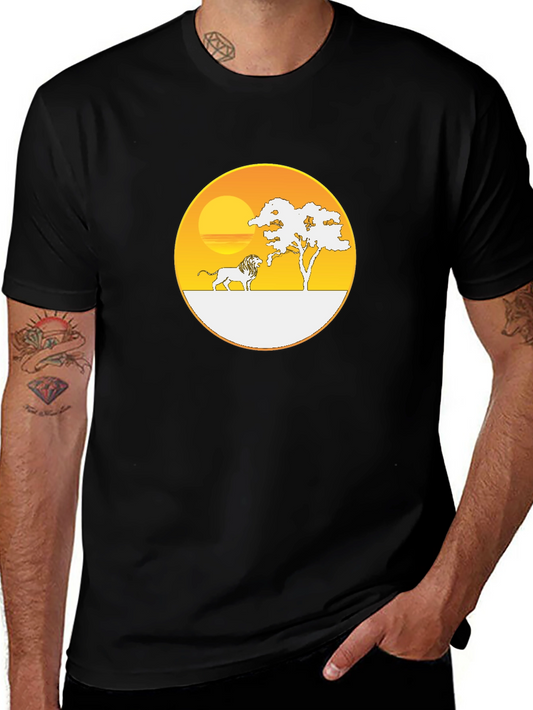 Savanna Sunset Lion Graphic Tee - Black Cotton T-Shirt