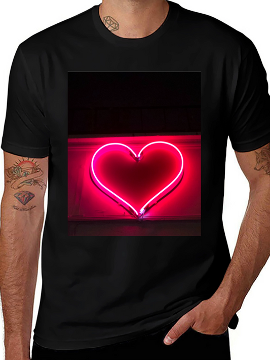 Neon Heart Graphic Tee - Black Cotton T-Shirt