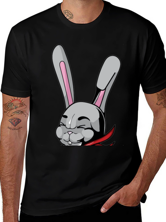 Black T-Shirt with Funny Cartoon Rabbit Design
