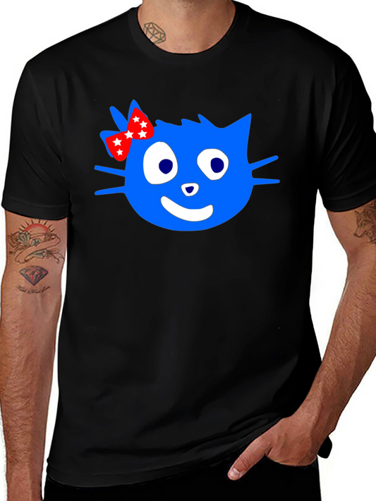 Blue Cartoon Cat with Bow Graphic T-Shirt