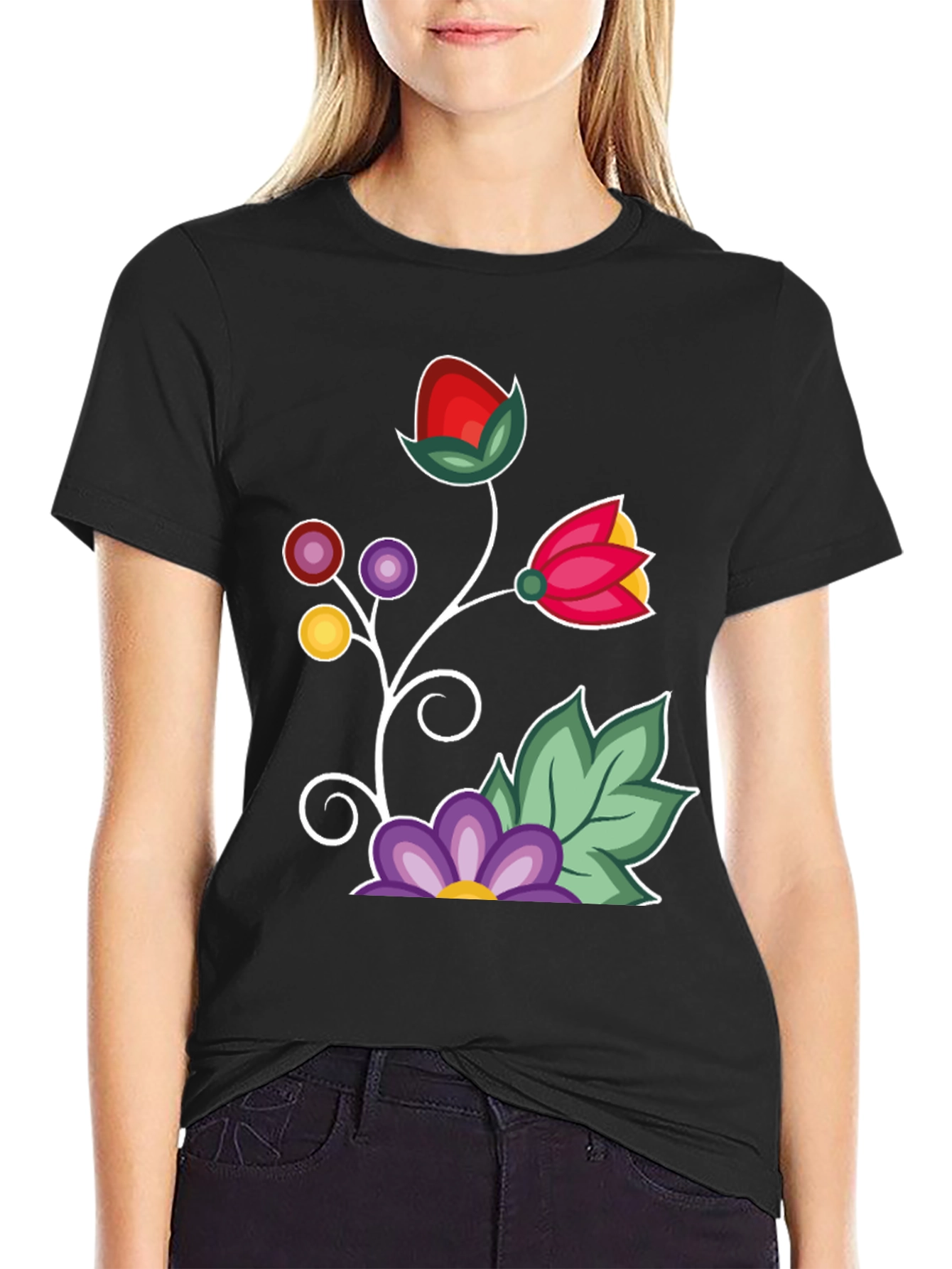Floral Graphic T-Shirt - Black Casual Tee