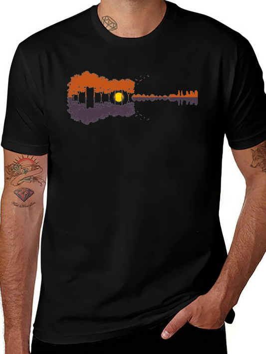 Guitar Nature Scene Black T-Shirt