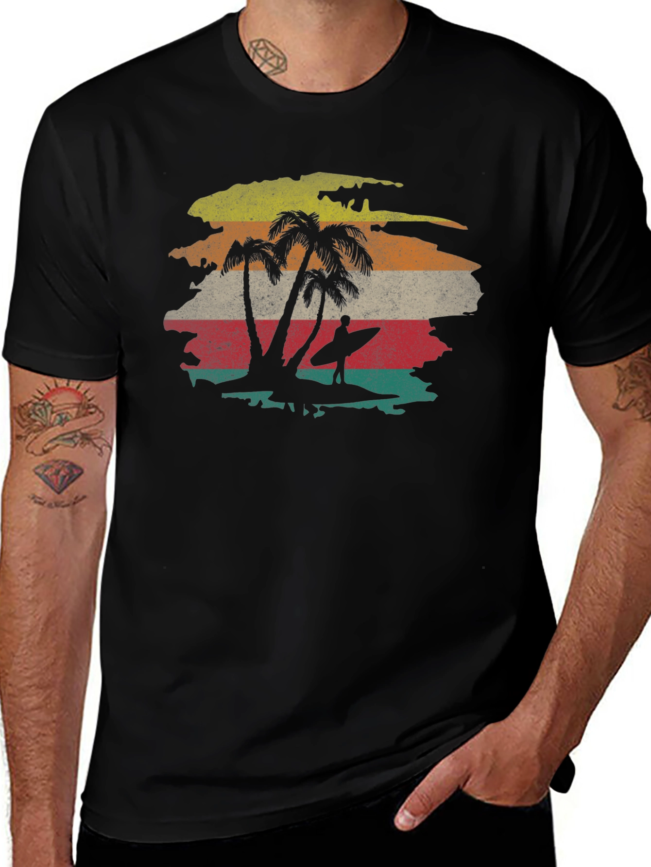 Retro Sunset Palm Tree Surfer Graphic Tee
